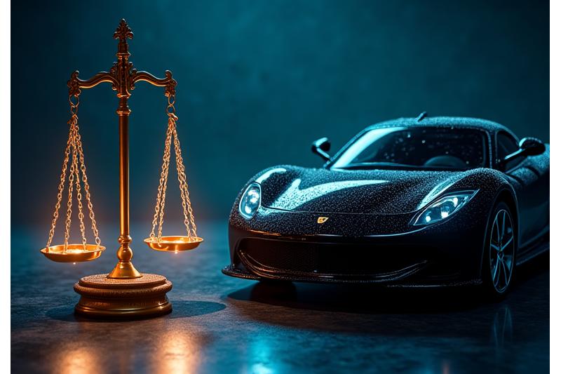 Vue symbolique d'une balance de justice et d'une voiture parfaitement propre, illustrant l'intégration des services juridiques et de nettoyage de véhicules de Source Juridique